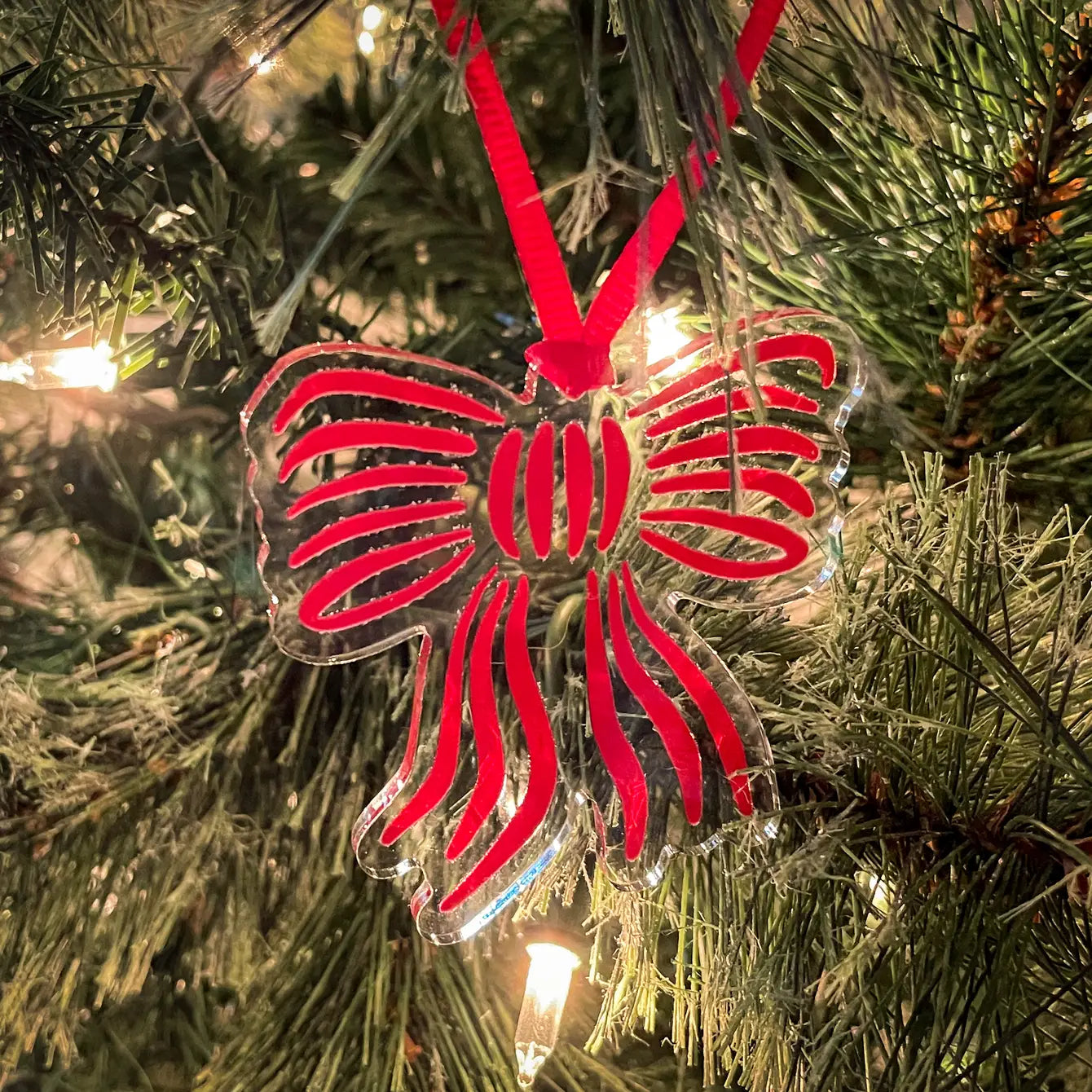 Red Stripe Bow Acrylic Christmas Ornament